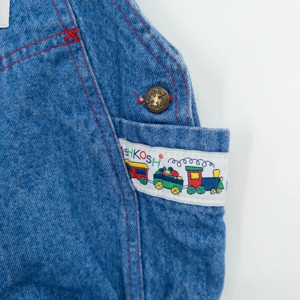 Vintage 90s OshKosh B'gosh Denim Bubble Overalls Baby 12M Train Vestbak Romper